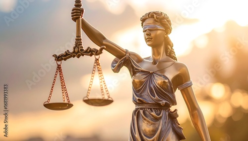 A golden statue of justice, with scales of justice held aloft, embodies impartiality and fairness under a warm sunset.
