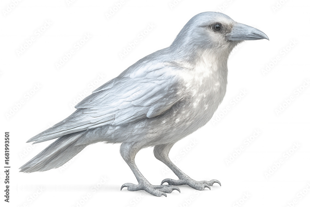 Naklejka premium White crow standing with regal posture, showcasing rare albino genetic variation and distinctive feather details against clean transparent background