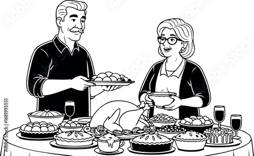 Elderly Couple Serving Thanksgiving Dinner with Traditional Food and Drinks on Table 