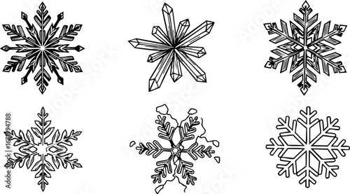 Detailed black and white snowflake vector set for winter decoration and design elements 