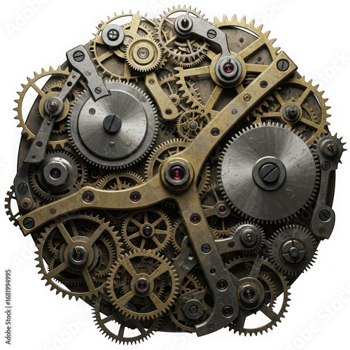 Intricate clockwork mechanism gears isolated on transparent background.