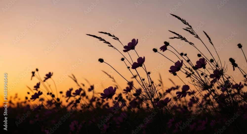 Obraz premium Silhouetted wildflowers at sunset in tranquil meadow