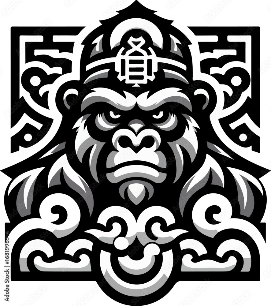 Obraz premium Decorative_Gorilla_Head_Vector_–_Angry_Ape_Face_with_Ethnic_Tribal_Patterns