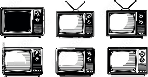 Vintage Retro Television Set Collection Black and White Style Vector Illustration 