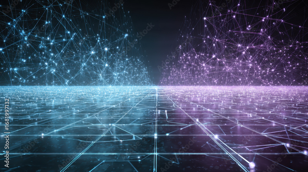 Obraz premium Digital landscape featuring interconnected lines and nodes, creating futuristic network. scene is illuminated with blue and purple hues, evoking sense of technology and innovation