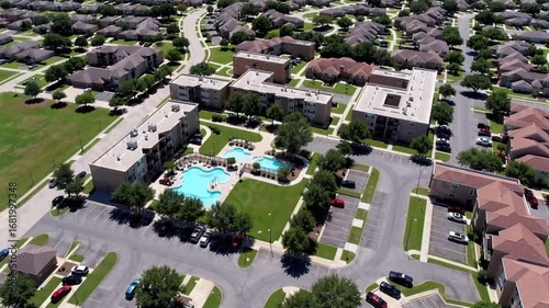 overhead perspective of multi-unit residential dwellings located in outlying district