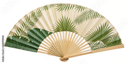 Handheld Bamboo Fan with Tropical Leaf Print Beige and Green Design, Summer Accessory, Tropical Decoration hand fan, tropical leaves