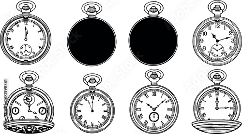 Vintage pocket watch collection with open and closed cases detailed vector set 
