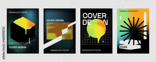 Posters with silhouette minimalistic basic figures, extraordinary graphic assets of geometrical shapes. Modern minimal print brutalist.