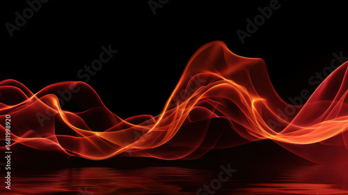Ethereal red and orange waves gracefully flow against black background, creating mesmerizing visual effect. smooth curves evoke sense of warmth and energy, resembling flames or flowing liquid