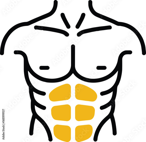 Illustration of a muscular male torso with defined abdominal muscles, representing fitness, health, and strength, isolated on white background