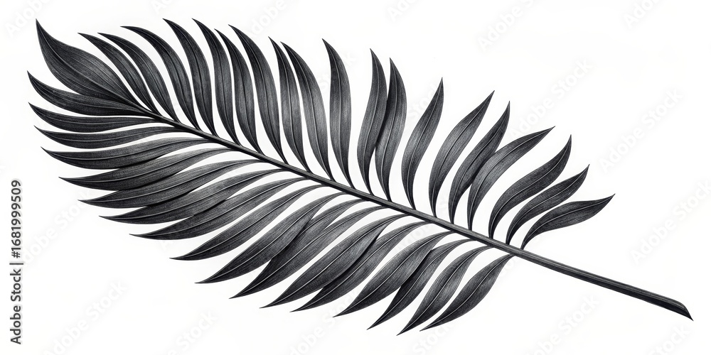 Fototapeta premium Monochrome Palm Frond Pencil Drawing, Botanical Illustration, Tropical Leaf Art, Nature, Black and White Palm leaf, botanical art