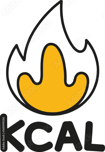 Illustration of a kcal symbol with flame isolated on white background, representing calorie burn, energy expenditure, and fitness for a healthy diet and weight loss