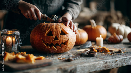 Halloween pumpkin carving close-up with creative jack-o'-lantern design for autumn festivities