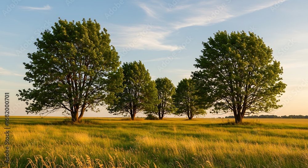 Fototapeta premium Trees in a field with a beautiful sky.