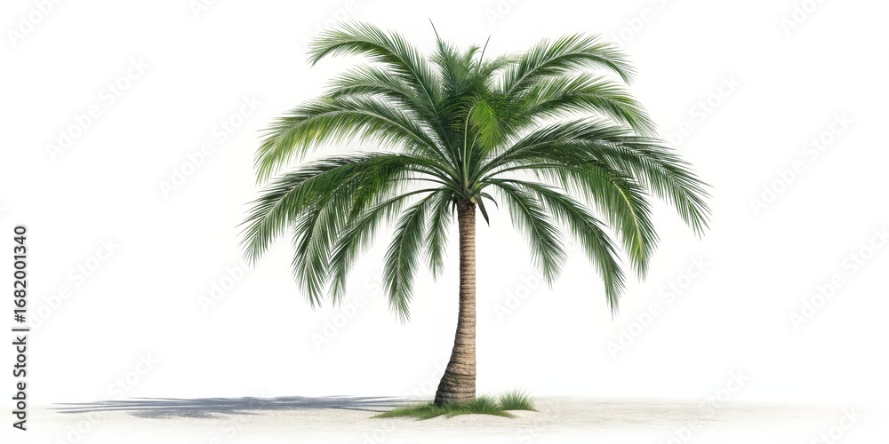 Obraz premium Single Palm Tree 3D Render, Tropical Paradise, White Background, Isolated, Summer Vacation, Beach Plant palm tree, 3d rendering