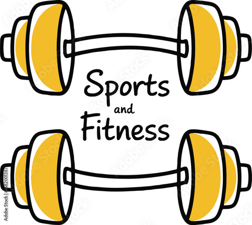 Sports and fitness dumbbells isolated on white background, representing exercise, gym workouts, and weight training for muscle strength, featuring a yellow design with text for a healthy lifestyle