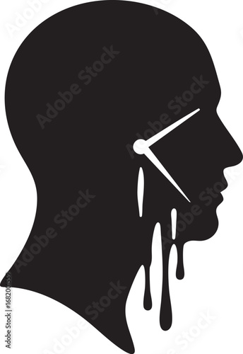 Melting Human Head Silhouette with Clock – Abstract Time Concept Vector Illustration