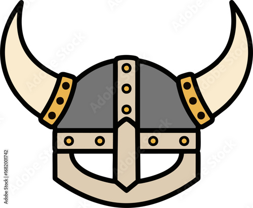 Viking Horned Helmet with Face Guard Cartoon Vector — Norse Medieval Warrior Icon