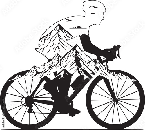 Mountain Biker Double Exposure Silhouette Vector – Cyclist with Scenic Landscape Design Illustration
