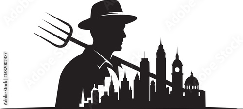 Farmer and City Skyline Silhouette Vector – Urban and Rural Life Contrast Concept Illustration