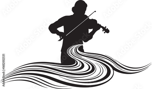 Violinist Silhouette with Flowing Musical Lines – Artistic Music Performance Vector Illustration