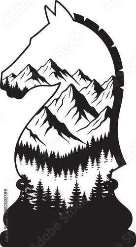 Chess Knight Double Exposure Vector – Mountain Landscape and Forest Inside Horse Silhouette Design