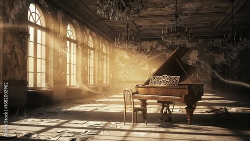 Solemn grand piano in ruined sunlit ballroom representing haunting memories and lost grandeur