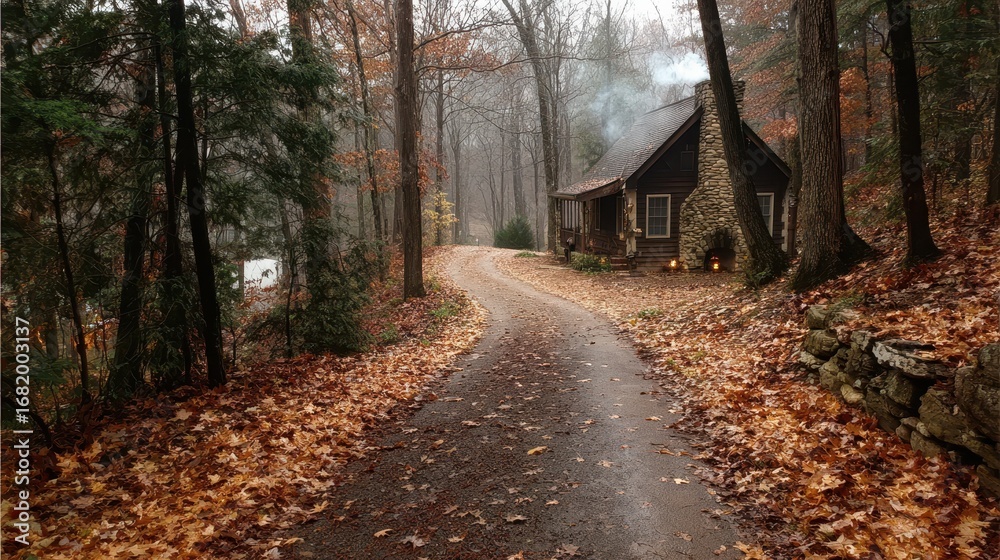 Fototapeta premium Charming Cabin Retreat in the Autumnal Woods