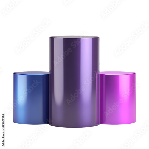 Three Shiny Cylindrical Podiums Purple Blue Pink Display Stand