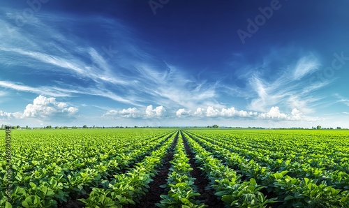 Soybean farm captured as a high altitude aerial panorama with sunlit rows, vibrant tones, and a wide blue sky
