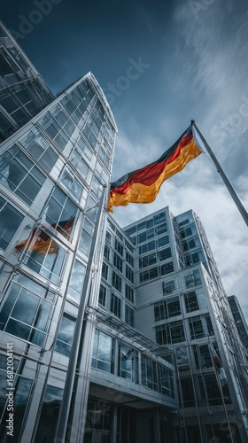 Modern architectural design of government building with German flag waving under cloudy sky