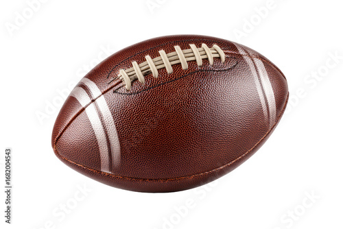 Close-up of a brown American football.  Stitched leather ball, oval shape,  showing prominent leather texture and stitching