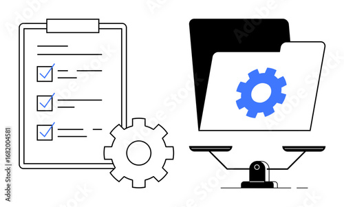 Checklist with marked tasks, gear-enhanced folder symbolizing settings, balance scale for equality. Ideal for workflow, productivity, task management, organization, system optimization, data