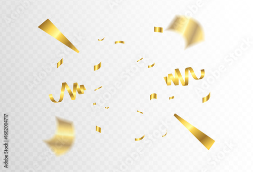 Festive gold confetti streamers bursting in the air on a transparent background, celebrating a special occasion