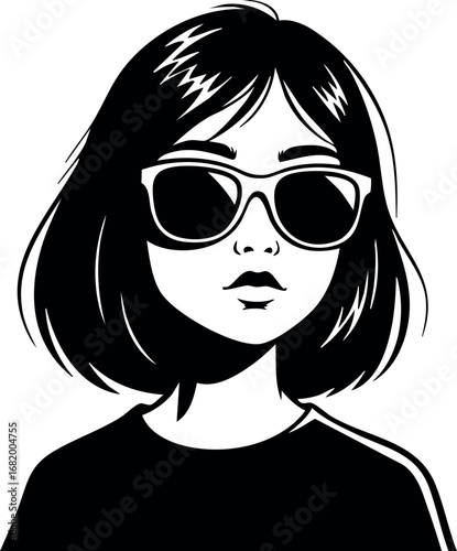 Woman with bob haircut wearing sunglasses stylish black and white vector illustration 