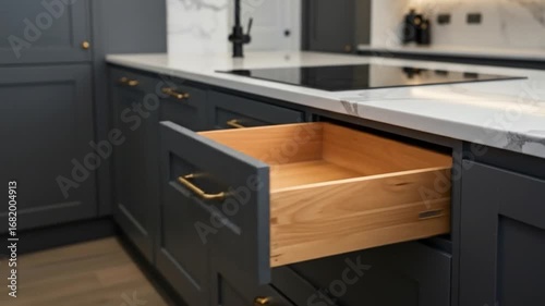Kitchen cabinet with open wooden drawer interior design and home improvement