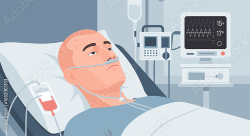 Sick male patient lying in hospital bed with oxygen tube