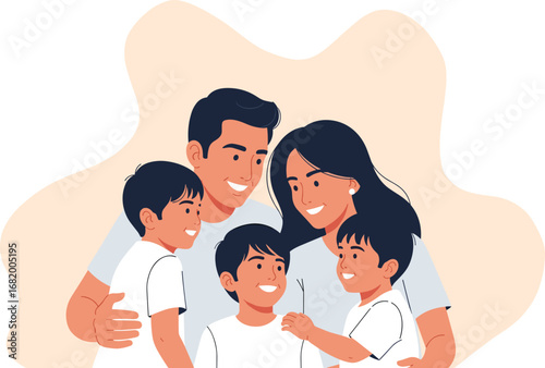 Happy smiling Hispanic family hugging and looking at each other