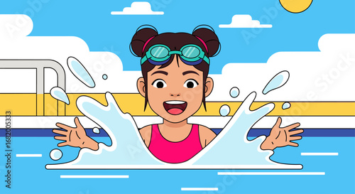 Happy girl with goggles swimming in a pool with a big splash