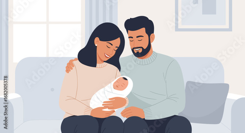 Happy Latin American parents with their newborn baby sitting on a sofa at home