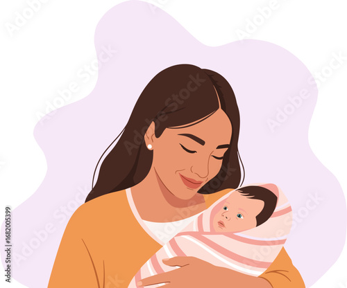 Happy young Latina mother holding her cute newborn baby
