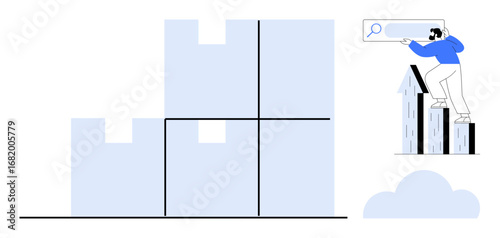 Man holding a magnifying glass atop bar graph analyzing data beside stackable blocks. Ideal for growth, analytics, research, strategy, progress, innovation, success concepts. Simple flat metaphor