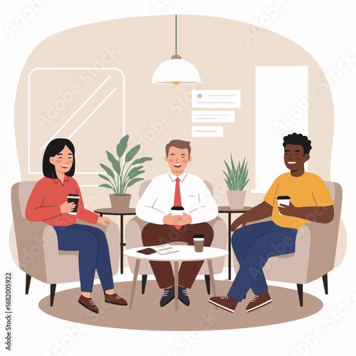 Diverse colleagues enjoying coffee break and casual conversation in a modern, relaxed office lounge area.