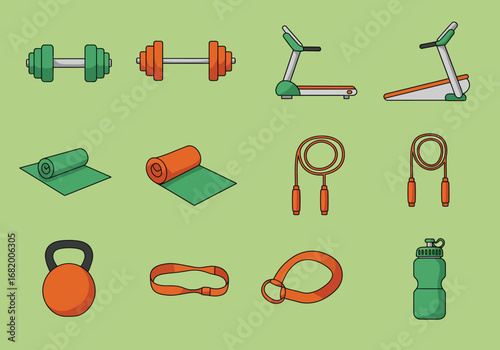 Dumbbells, Treadmills, Mats, and Jump Ropes in a Colorful Gym Setting, Illustrative Graphic Design
