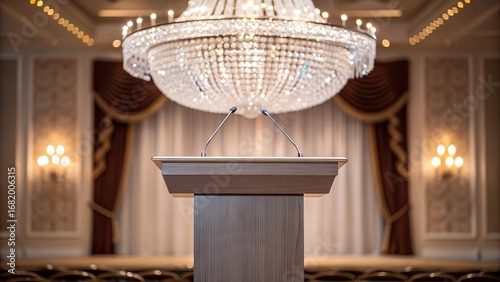 Elegant podium underneath a grand crystal chandelier in a luxurious banquet hall