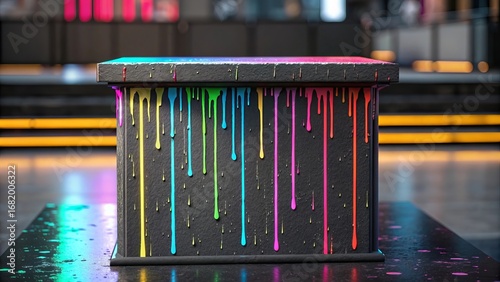 Abstract podium with dripping neon paint texture and vibrant light highlights