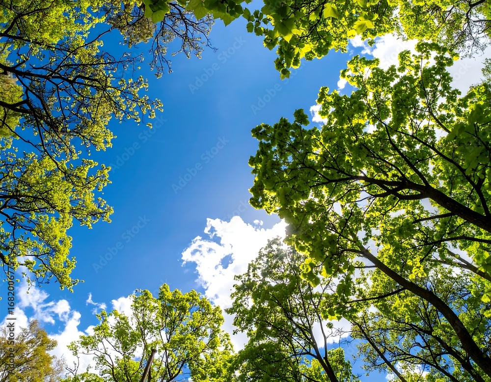 Fototapeta premium Lush green foliage frames a vibrant blue sky dotted with fluffy clouds, creating a serene and cheerful outdoor scene.