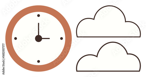 Brown circular wall clock with bold hands and dotted markers, paired with two outlined cloud shapes. Ideal for time management, weather, planning, simplicity, minimalism, decor, cloud computing