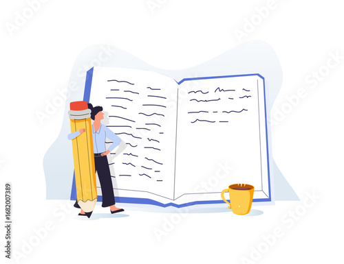 Content writer, blogger, bullet journalist or publishing editor concept, young smart woman freelance holding big pencil
